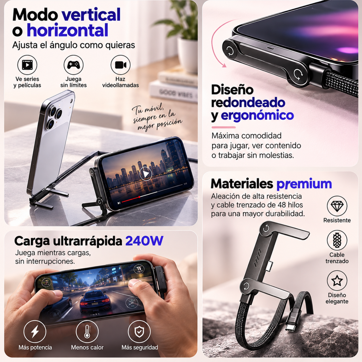 FLEXPOWERX 2 en 1 — Carga rápida y soporte en un solo cable